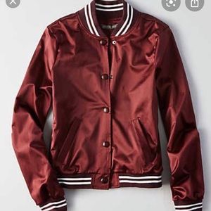 NWT AEO Maroon Satin Varsity Bomber Jacket